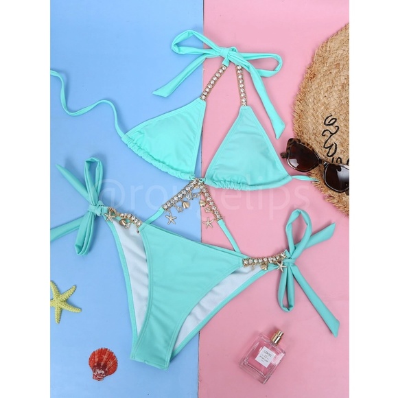 Rhinestone Embellished Bikini Swimsuit Mint Green - Picture 5 of 7